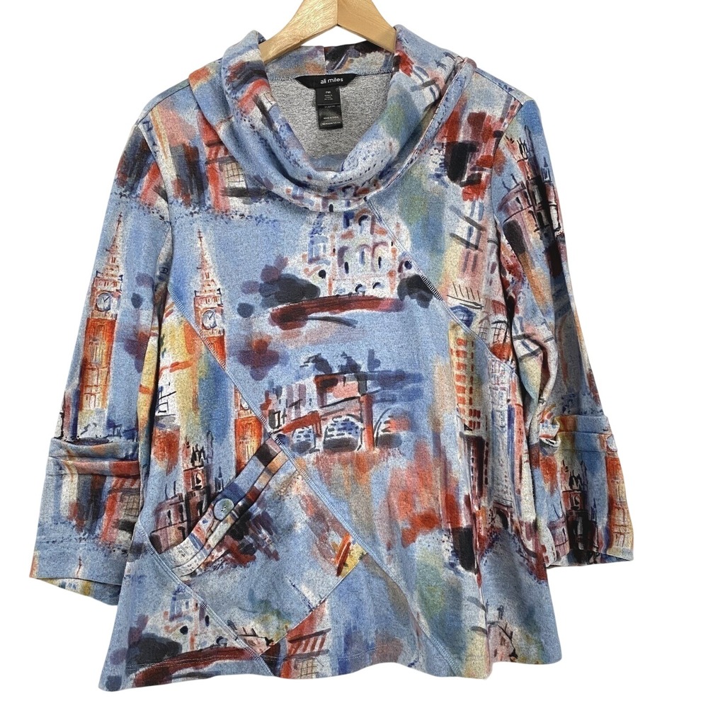 Ali Miles Womens Artsy City Drape Neck Fleece Top sz MP Multicolor Watercolor
